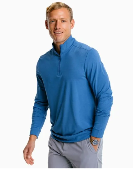 Southern Tide Cruiser Heather Micro Striped Performance Quarter Zip Pullover - Seven Seas Blue