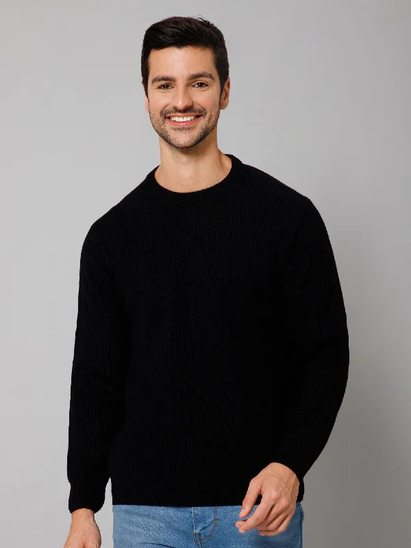 Self Design Black Full Sleeves Round Neck Regular Fit Casual Sweater for Men