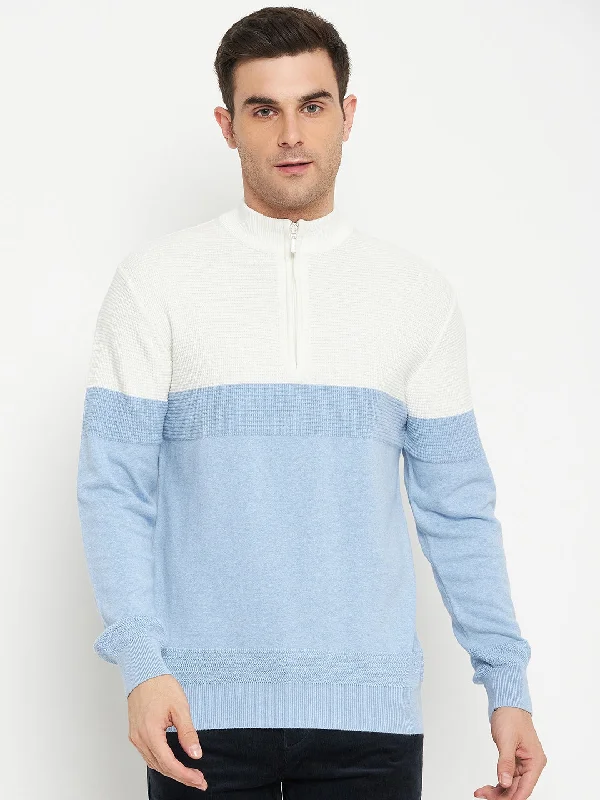 Self Design Sky Blue Full Sleeves Mock Collar Regular Fit Casual Sweater for Men