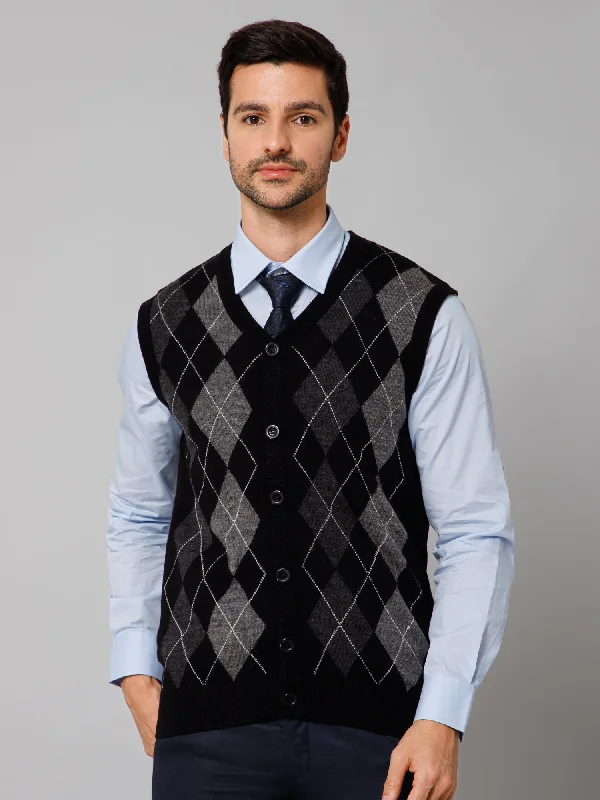 Geometric Printed Black Sleeveless V Neck Regular Fit Casual Sweater for Men