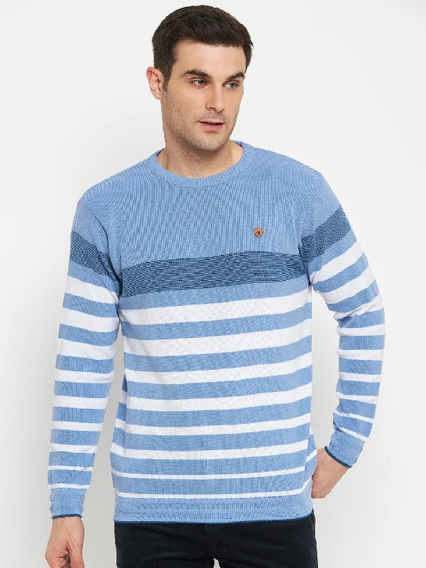 Stripe Blue Full Sleeves Round Neck Regular Fit Casual Sweater for Men