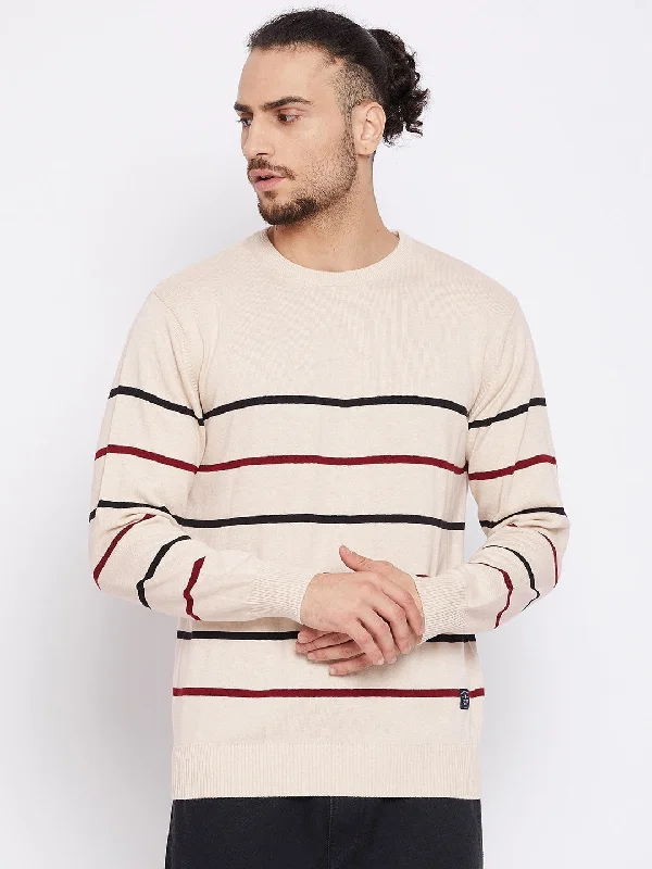 Striped Beige Full Sleeves Round Neck Regular Fit Casual Sweater for Men