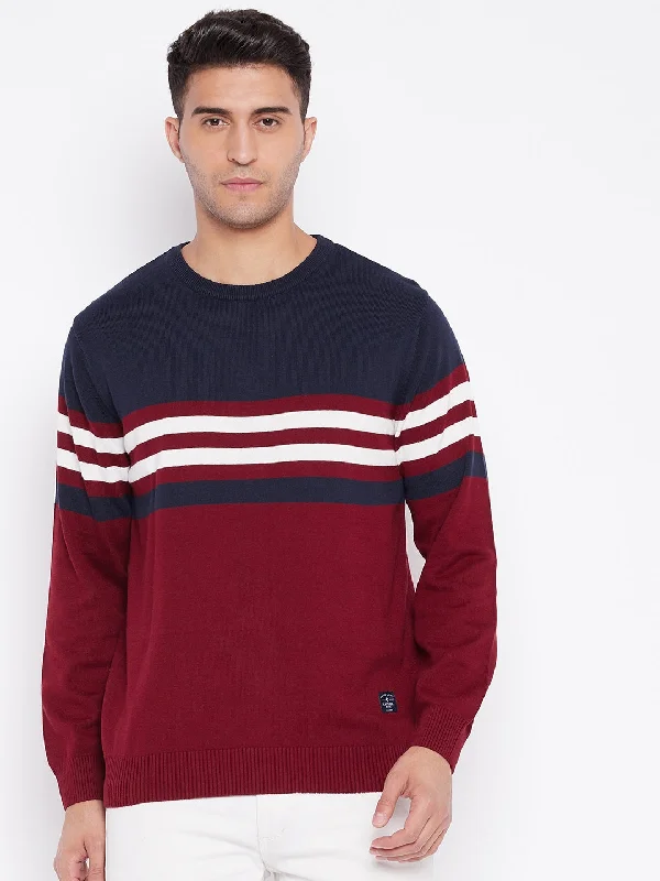 Striped Maroon Full Sleeves Round Neck Regular Fit Casual Sweater for Men