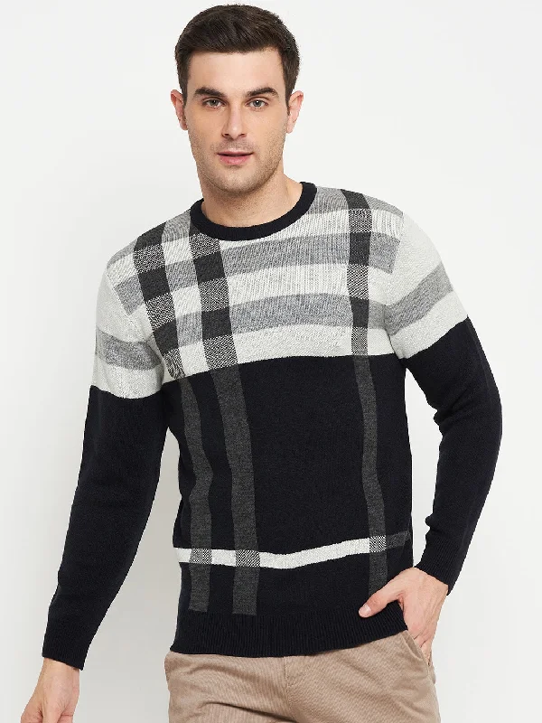 Striped Navy Blue Full Sleeves Round Neck Regular Fit Casual Sweater for Men