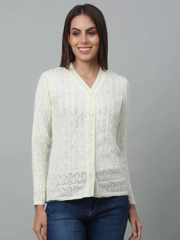 Women's Casual  Ivory V neck Cardigan Sweater