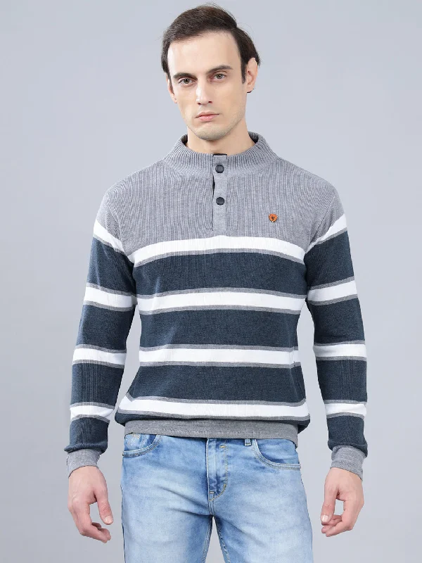 Men's Blue Striped Full Sleeve Sweater