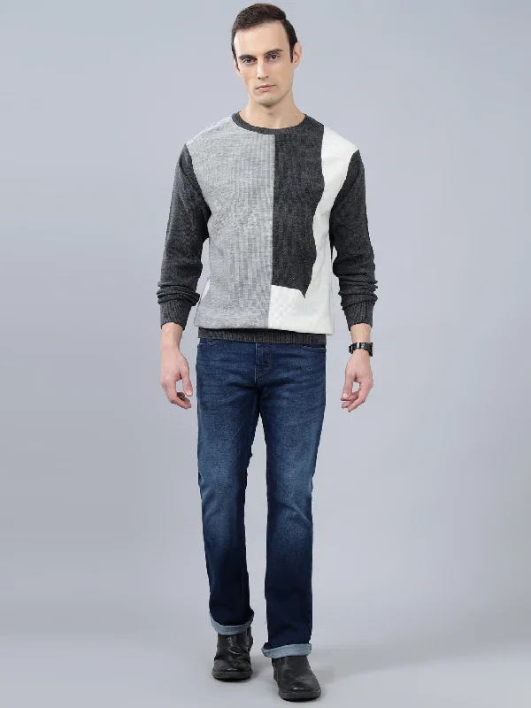 Men's Color Block Grey Full Sleeve Sweater