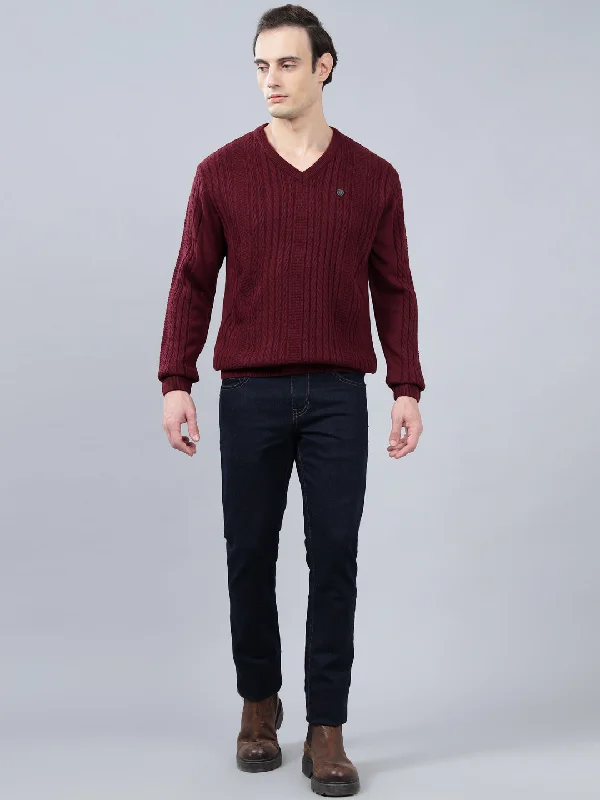 Men's Jacquard Maroon Full Sleeve Sweater