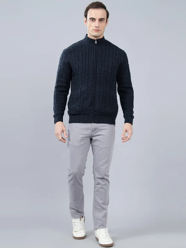 Men's Jacquard Navy Blue Full Sleeve Sweater