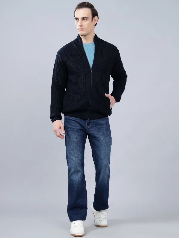 Men's Jacquard Navy Blue Full Sleeve Sweater