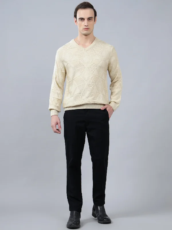 Men's Self Design Beige Full Sleeve Sweater