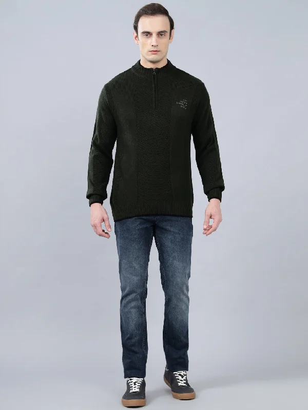 Men's Self Design Olive Green Full Sleeve Sweater