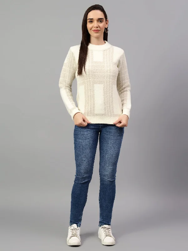 Women's Self Design Ivory Full Sleeve Casual Sweater