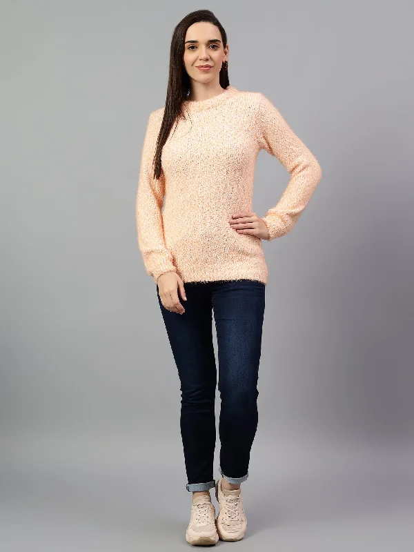 Women's Solid Orange Full Sleeve Casual Sweater