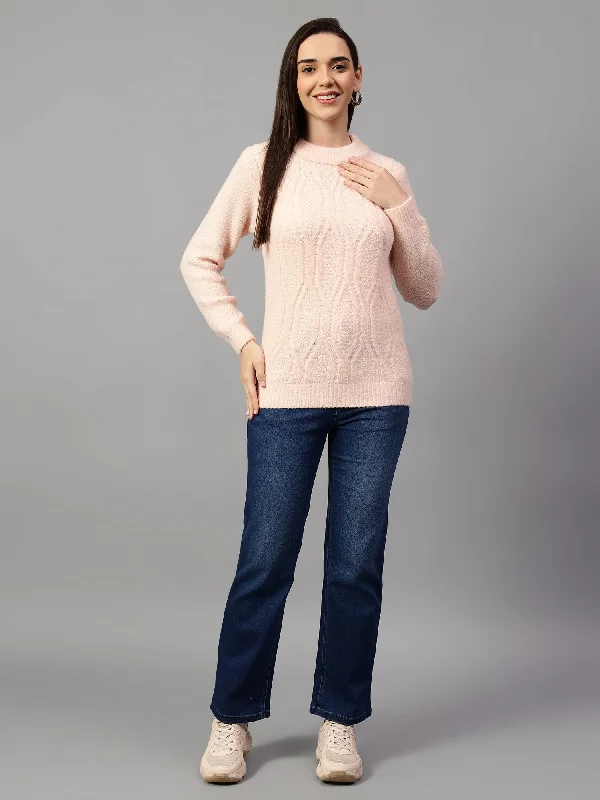 Women's Solid Pink Full Sleeve Casual Sweater