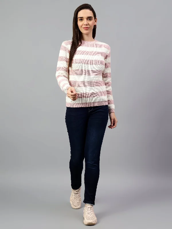 Women's Striped Pink Full Sleeve Casual Sweater