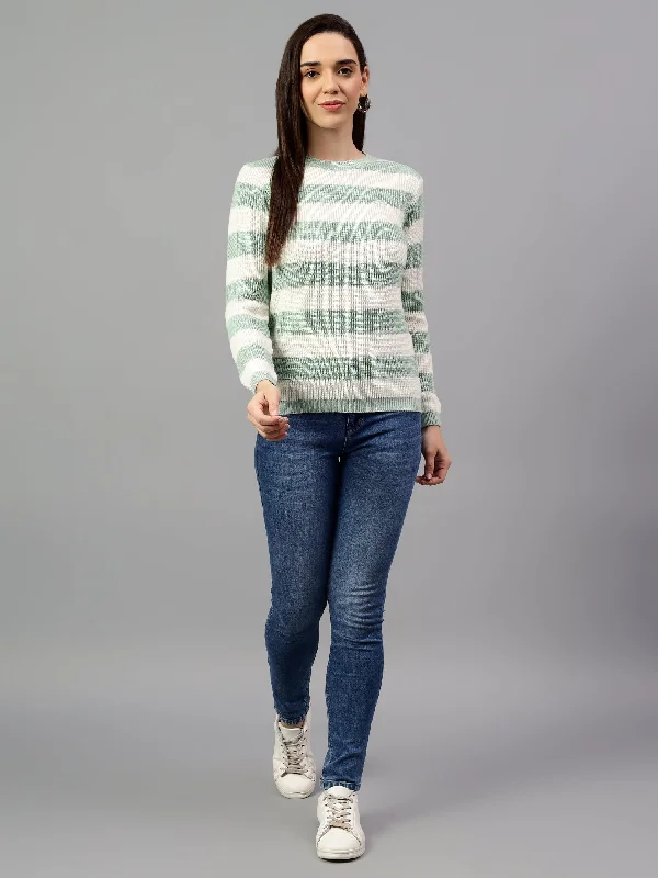 Women's Striped Sea Green Full Sleeve Casual Sweater