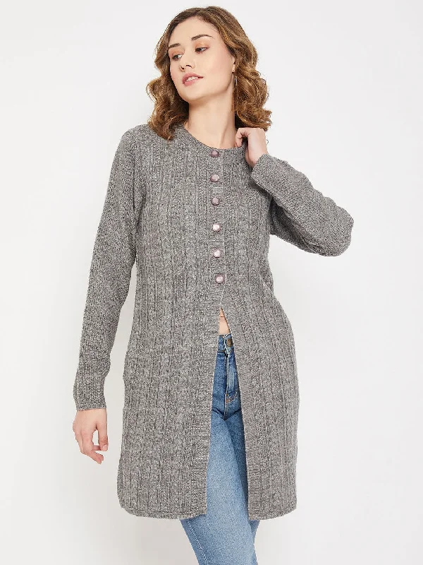 Women's Casual  Grey Melange Round neck Long Cardigan Sweater