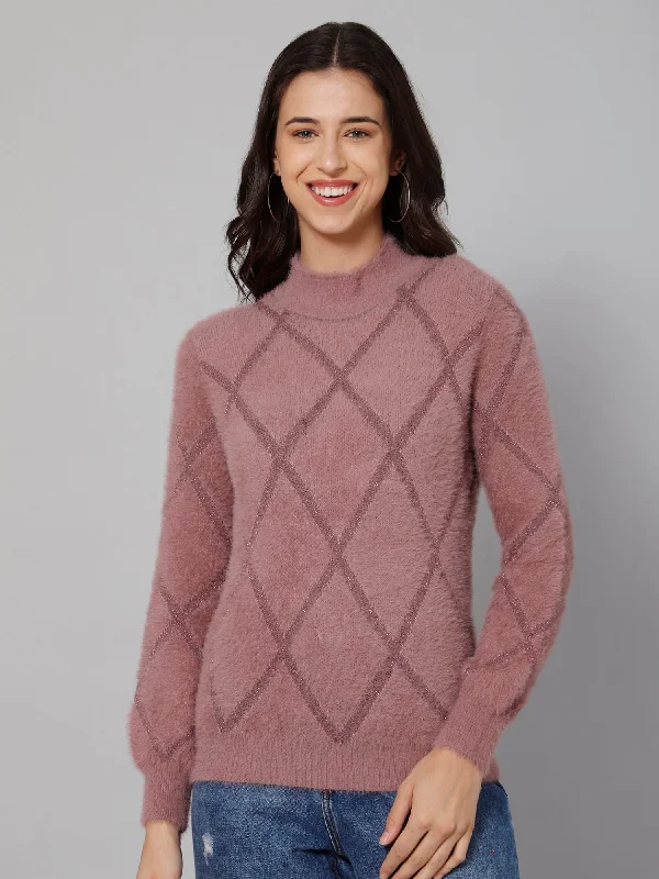 Women's Casual  Pink High neck Pullover Sweater