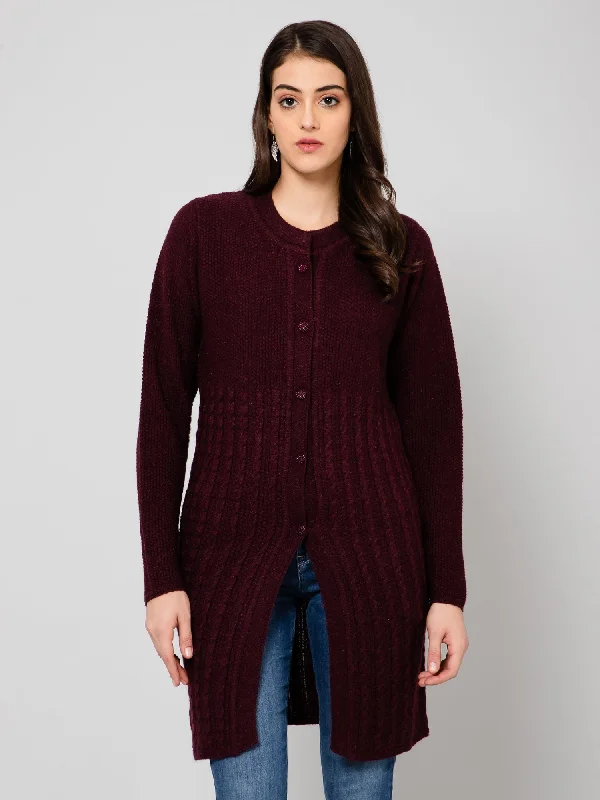 Women's Casual  Wine Round neck Cardigan Sweater