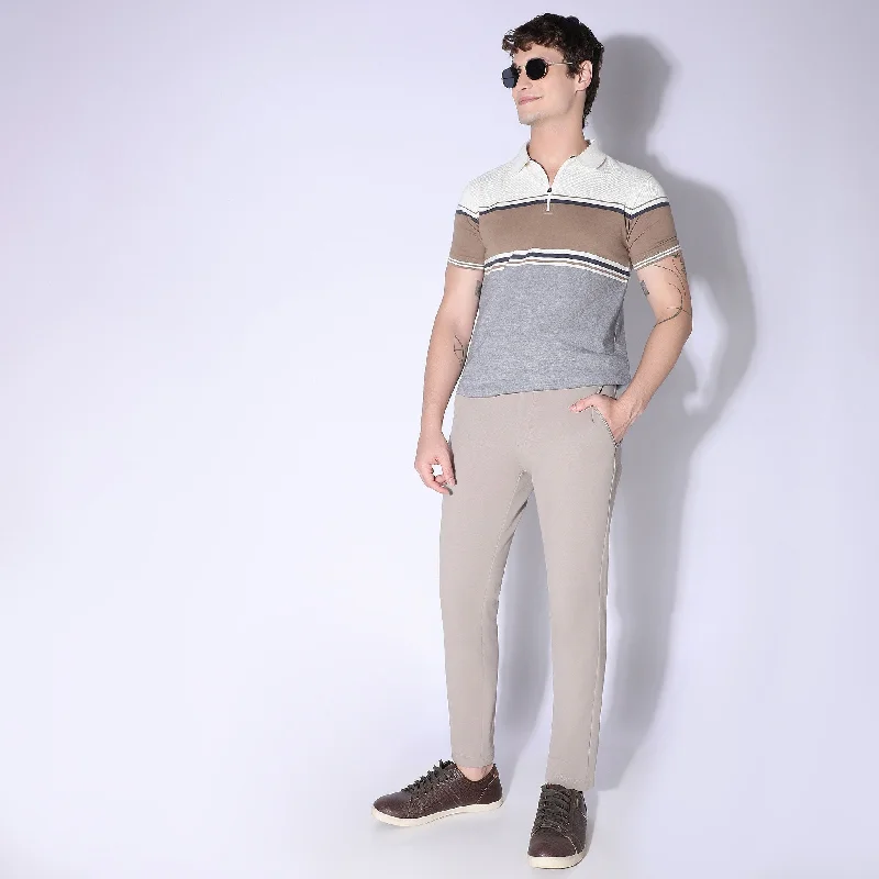 Weekend Polo™ - Exclusive Jacquard Stripes Pattern Zip Neck Regular Fit Polo T-Shirt