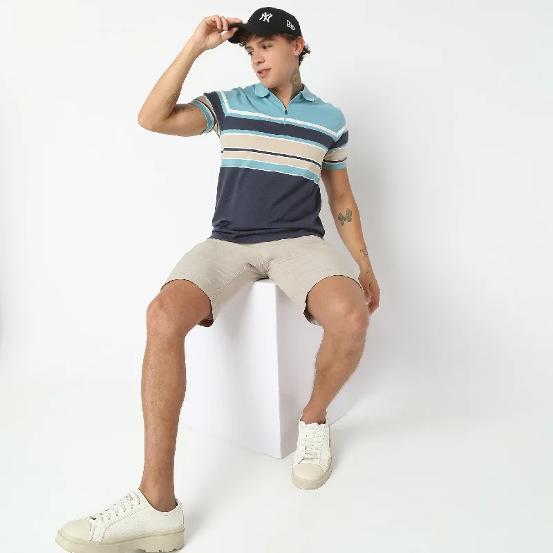 Weekend Polo™ - Exclusive Jacquard Stripes Pattern Zip Neck Regular Fit Polo T-Shirt