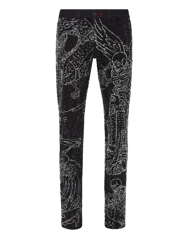 Denim Trousers Super Straight Cut Strass Skeleton tattoo with Crystals