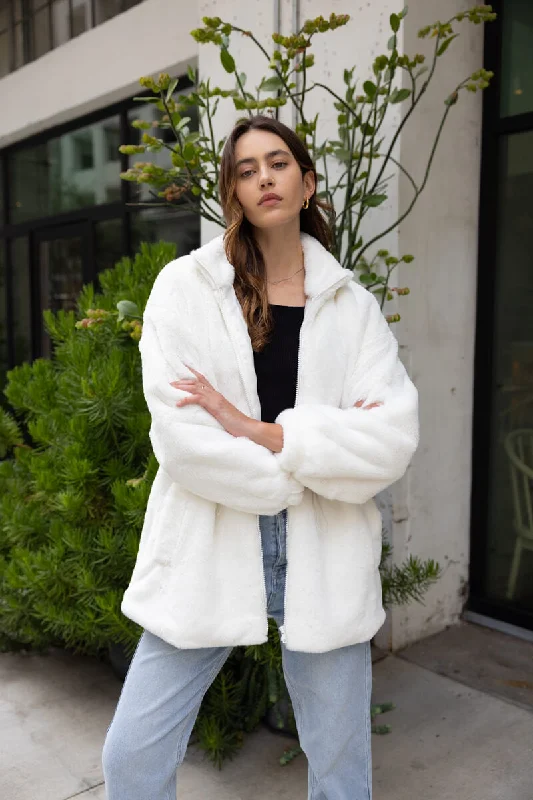 Fluffy Faux Fur Coat with Waist String - White