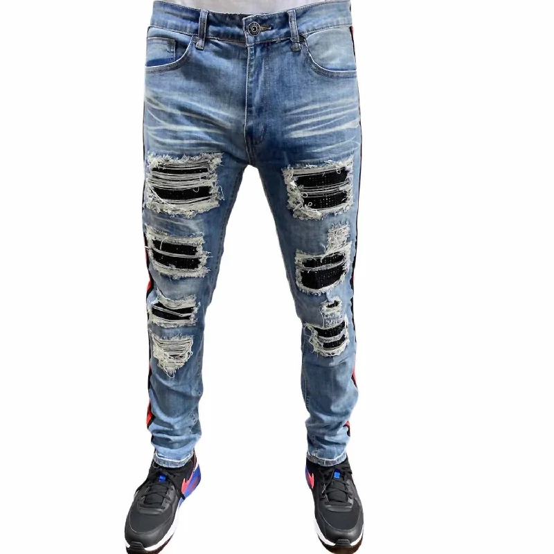 Men's Rhinestones Patch Side Tape Denim Jean In Blue Wash